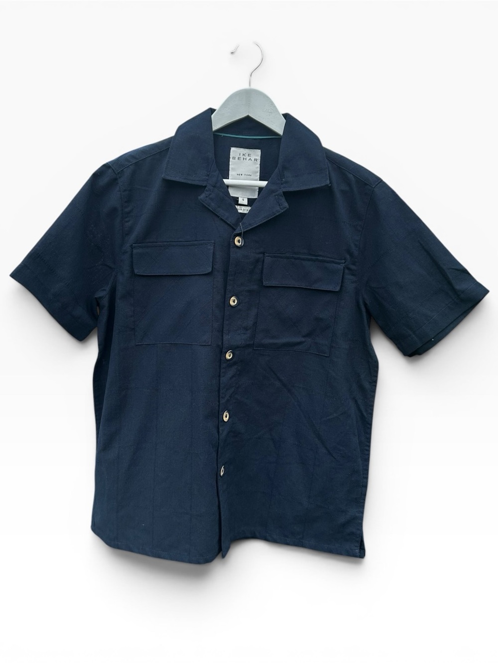 Ike Behar New York Linen Blend Navy Dobby Camp Shirt Small S102W91 NWT